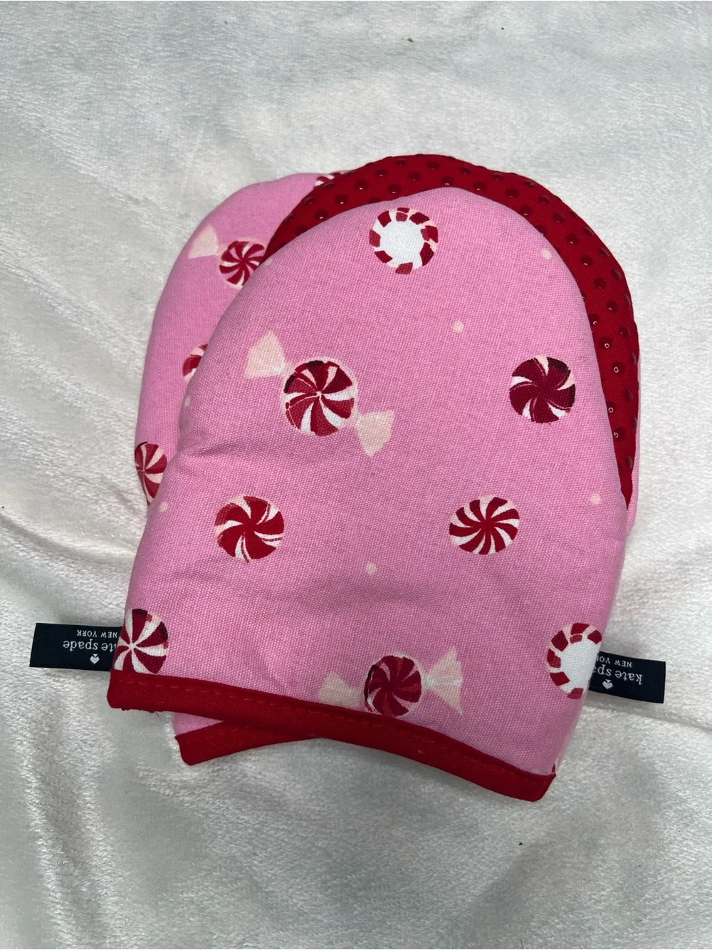 Kate Spade Pink Peppermint Print Oven Mitts with Red Trim